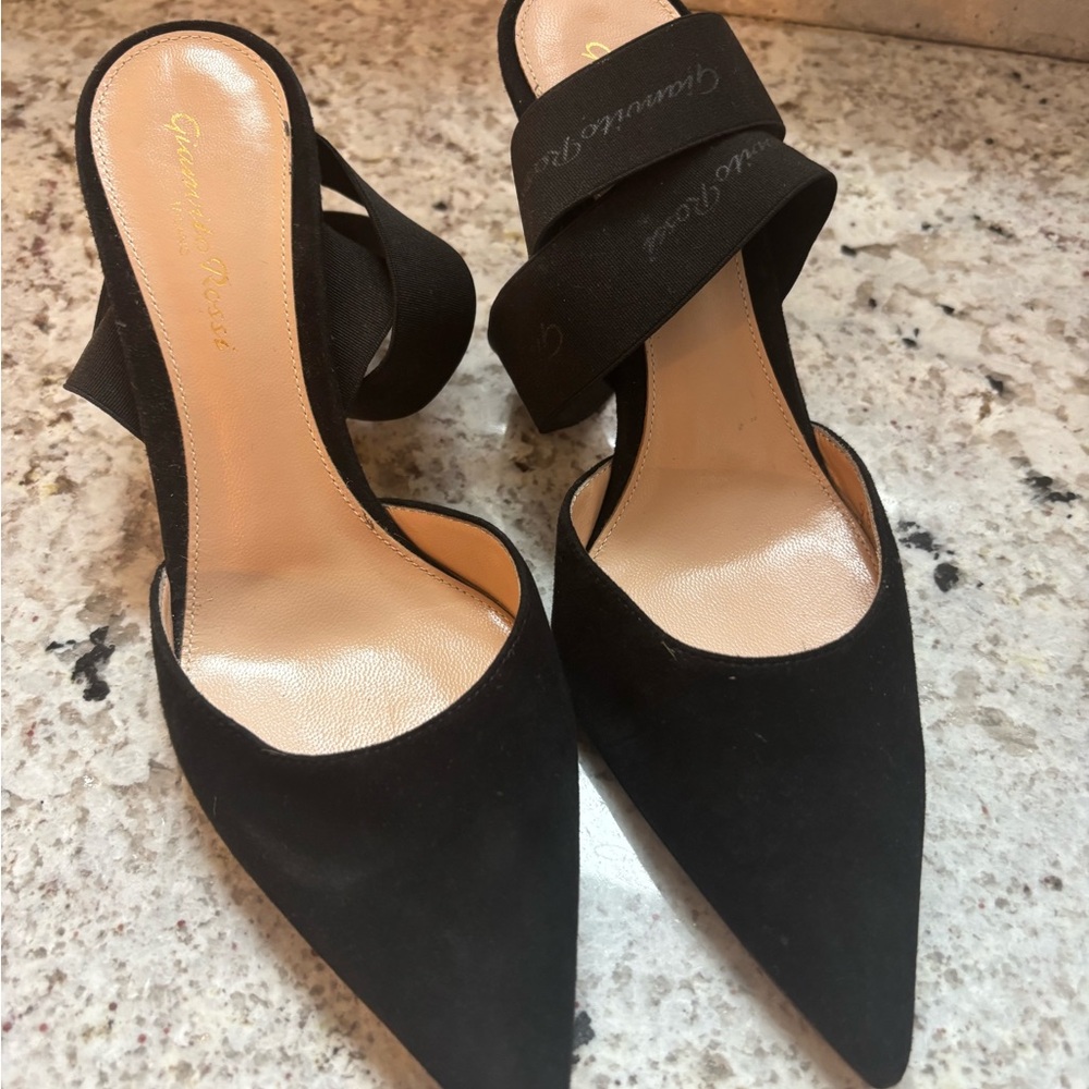 Gianvito Rossi Black Pointed Suede Mule Heels